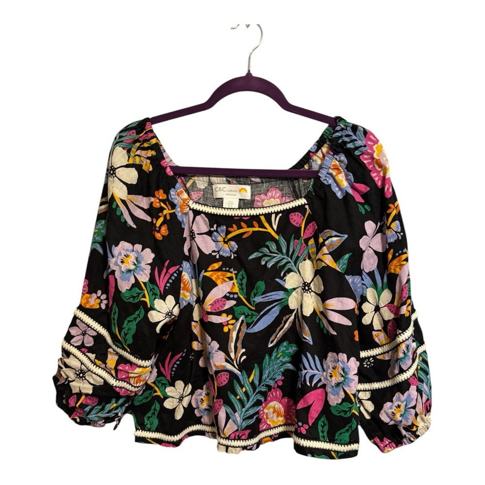 C&C California Black Floral Peasant Blouse with Multicolor Blooms